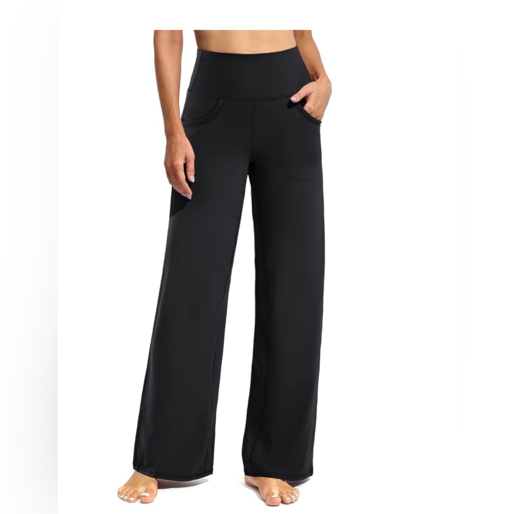 AMAZONS Promover Woman’s  Black Yoga Wide-Leg Pant with deep pockets.